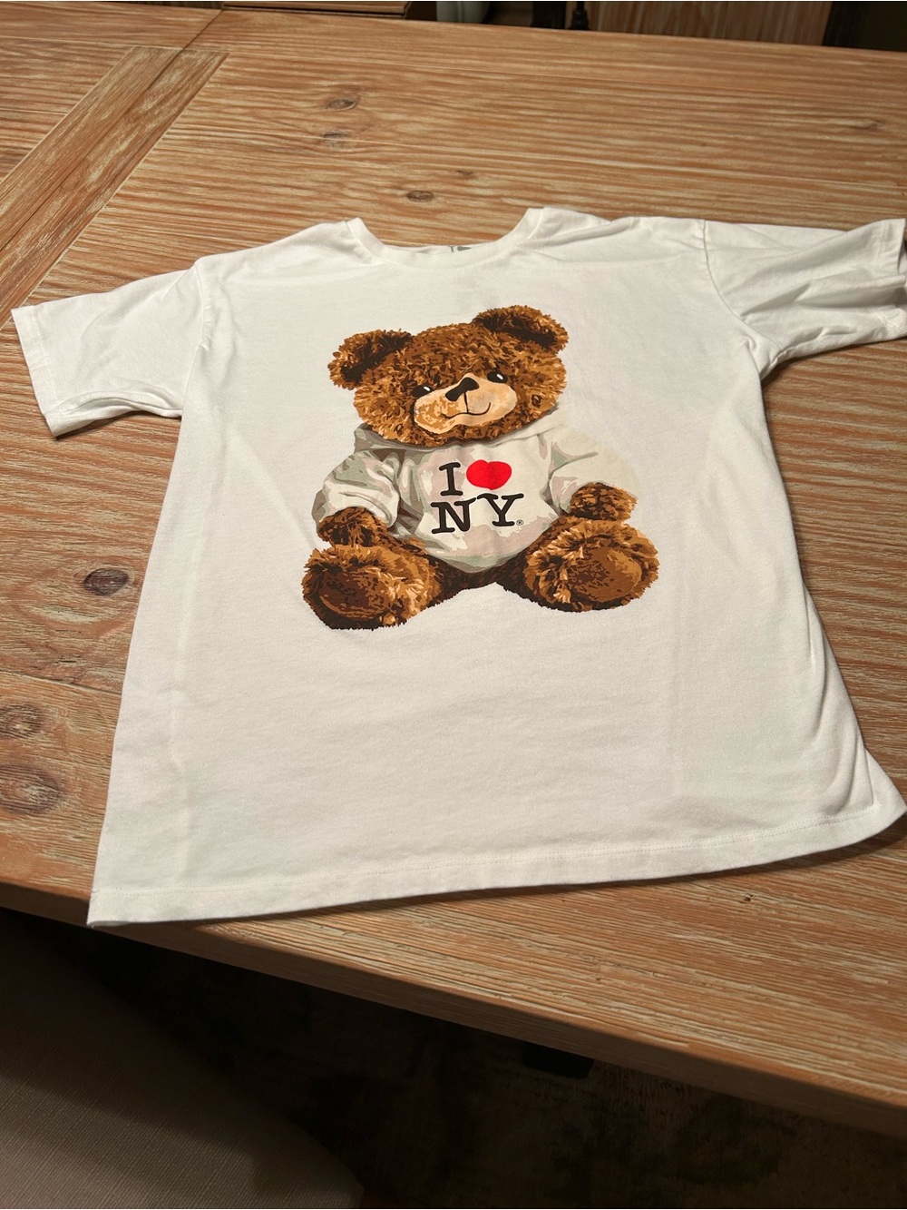 White Short Sleeve Tee with Teddy Bear I ♥ NY Graphic - Picture 3 of 4